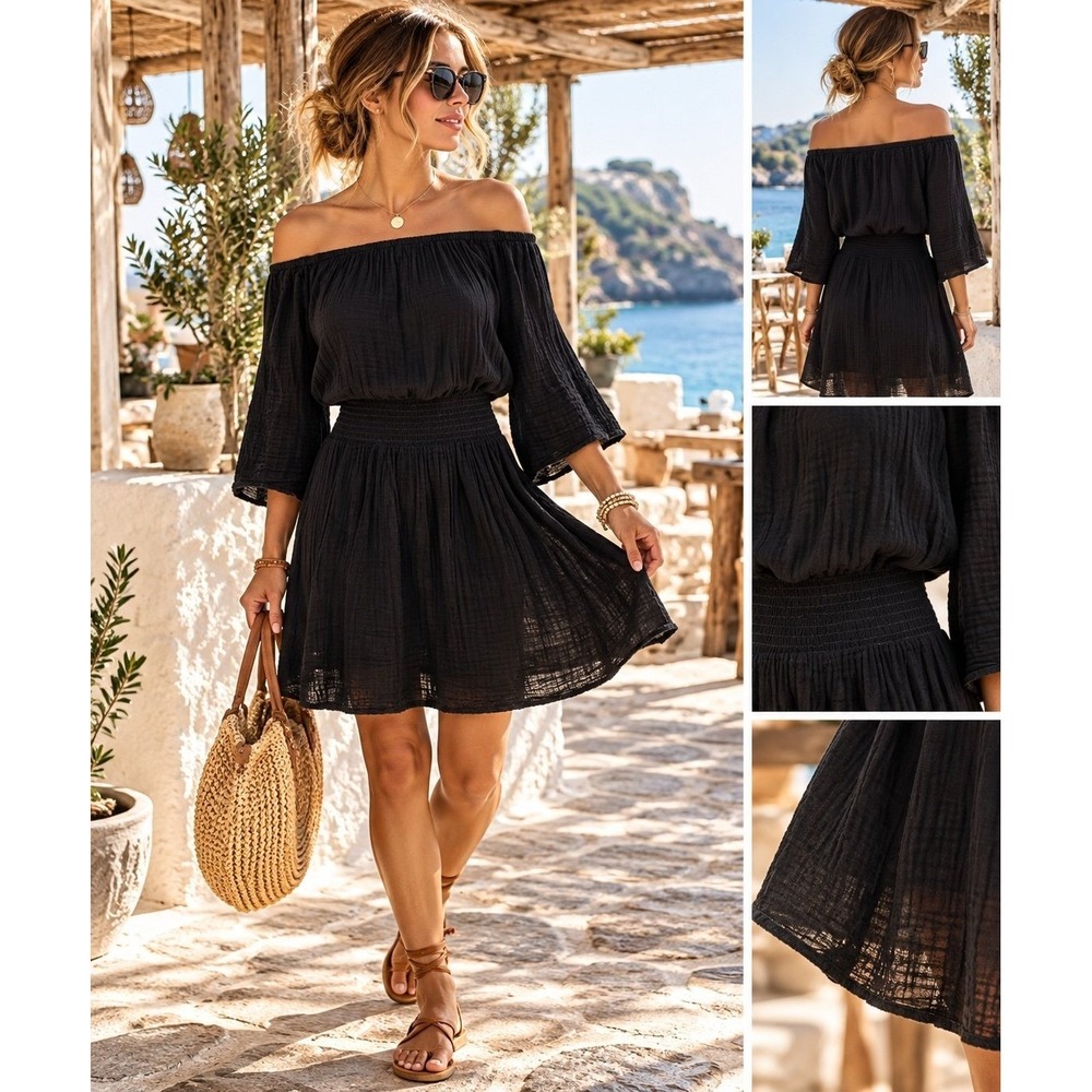 Michael Stars Fernanda Smocked Waist Dress M Black Cotton Gauze NWT